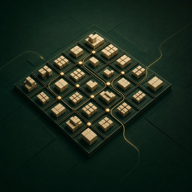 SKU 分区、库位与库存流转的抽象视觉示意
